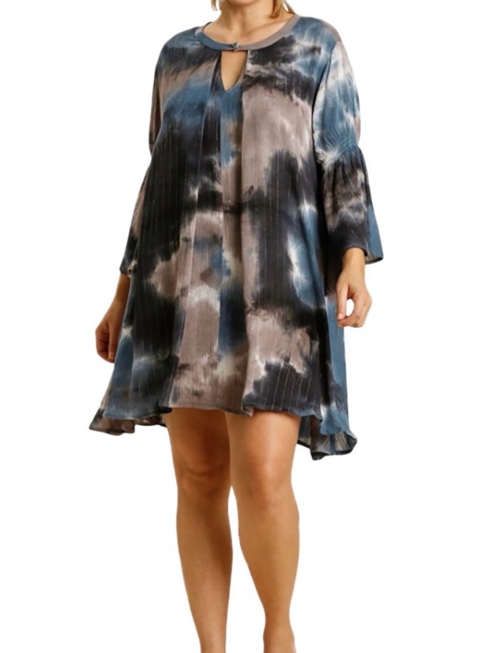 Umgee How About Later Boho Tie Dye Tunic Midi Dress Women size XL Flared Sleeves